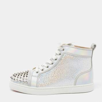 Pre Owned Christian Louboutin Silver Iridescent Effect Leather Lou Spikes Sneakers Size 37