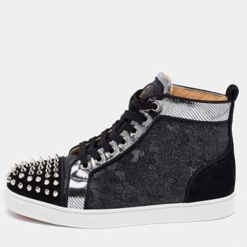 Pre Owned Christian Louboutin Black/Silver Nubuck And Leather Spikes High Top Sneakers Size 37.5