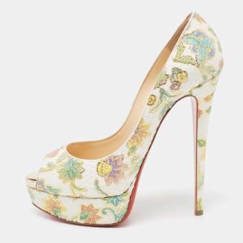 Pre Owned Christian Louboutin White Floral Print Python Leather Lady Peep-Toe Platform Pumps Size 38.5
