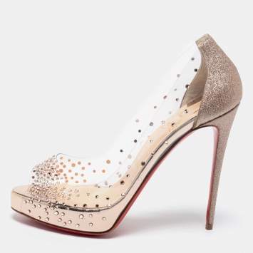 Pre Owned Christian Louboutin Rose Gold Glitter and PVC Very Strass Peep-Toe Pumps Size 38