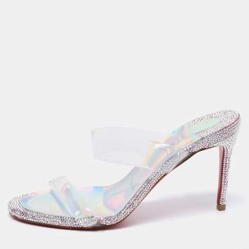 Pre Owned Christian Louboutin Silver/Transparent PVC Just Strass Slide Sandals Size 36.5