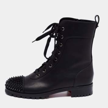 Pre Owned Christian Louboutin Black Leather Spiked Ankle Boots Size 38.5