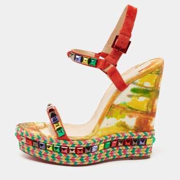 Pre Owned Christian Louboutin Multicolor Studded Suede Cataclou Espadrille Wedge Sandals Size 41
