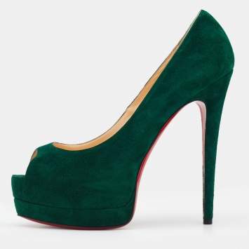 Pre Owned Christian Louboutin Green Suede Palais Royal Peep Toe Platform Pumps Size 39