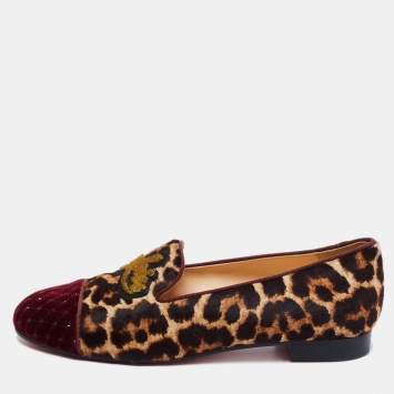 Pre Owned Christian Louboutin Tri-Color Leopard Print Calf Hair and Velvet My Love Smoking Slippers Size 38