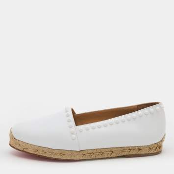 مملوكة مسبقًا Christian Louboutin White Leather Ares Spike Espadrille Flats Size 39