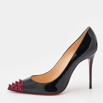 Pre Owned Christian Louboutin Black/Red Patent Leather Geo Spiked Cap Toe Pumps Size 39.5