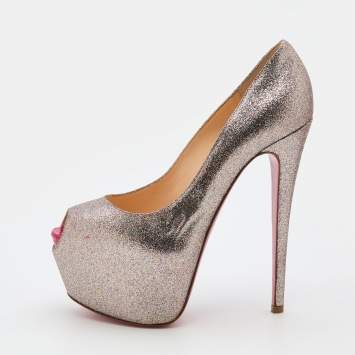 Pre Owned Christian Louboutin Multicolor Glitter Highness Peep Toe Platform Pumps Size 39.5