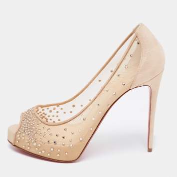 Pre Owned Christian Louboutin Beige Mesh and Glitter Suede Very Strass Peep-Toe Platform Pumps Size 37