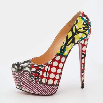 Pre Owned Christian Louboutin Multicolor Loubi Print Fabric Daffodile Platform Pumps Size 40