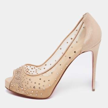 Pre Owned Christian Louboutin Beige Mesh and Glitter Suede Very Strass Peep-Toe Platform Pumps Size 38.5