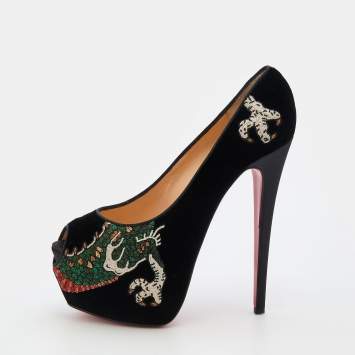 Pre Owned Christian Louboutin Black Velvet Highness Dragon Tattoo Platform Pumps Size 40