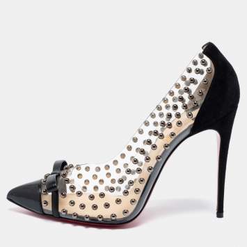 Pre Owned Christian Louboutin Transparent/Black Studded PVC, Suede and Patent Leather Bille Et Boule Pumps Size 41