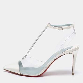 Pre Owned Christian Louboutin White/Transparent Satin And PVC Crystal Embellished Nosy Strass T-Strap Sandals Size 39
