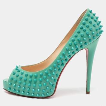 Pre Owned Christian Louboutin Turquoise Patent Leather Very Prive Spikes Peep-Toe Pumps Size 41