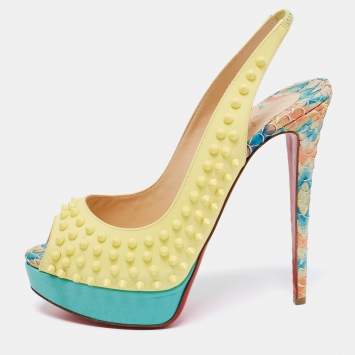 Pre Owned Christian Louboutin Yellow/Blue Patent And Python Leather  Lady Peep Spike Slingback Sandals Size 41