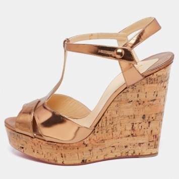Pre Owned Christian Louboutin Bronze Leather Marina Cork Wedge Platform Sandals Size 41
