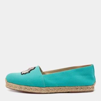 Pre Owned Christian Louboutin Aqua Blue Canvas Gala Embroidered Crest Espadrille Loafers Size 40