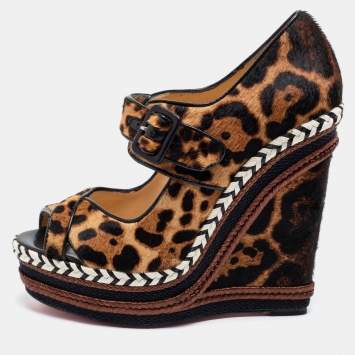 Pre Owned Christian Louboutin Brown/Beige Leopard Print Calf Hair And Leather Melides Wedge Sandals Size 41