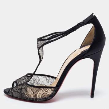 Pre Owned Christian Louboutin Black Lace and Satin Tiny Chantilly T-Strap Peep-Toe Sandals Size 38.5