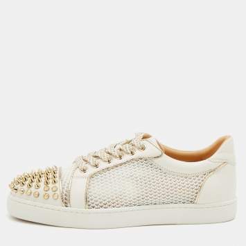 Pre Owned Christian Louboutin White Mesh and Leather Vieira Spikes Low Top Sneakers Size 37.5