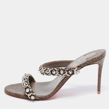 Pre Owned Christian Louboutin Olive Green Crocodile Embossed Leather Just Chain Slide Sandals Size 37