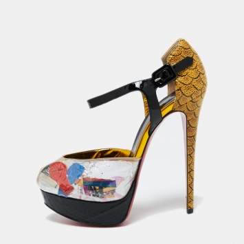 Pre Owned Christian Louboutin Multicolor Patent Leather and PVC No. 299 Trash Platform Ankle Straps Pumps Size 37.5