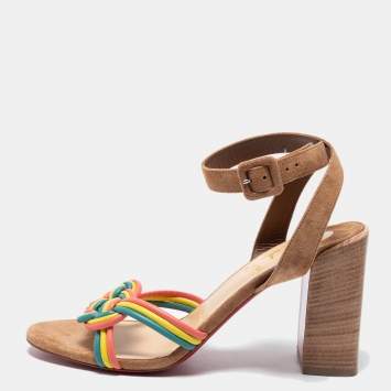Pre Owned Christian Louboutin Multicolor Suede and Woven Leather Ella Sandals Size 38