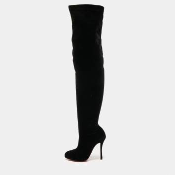 Pre Owned Christian Louboutin Black Velvet Knee Length Boots Size 35