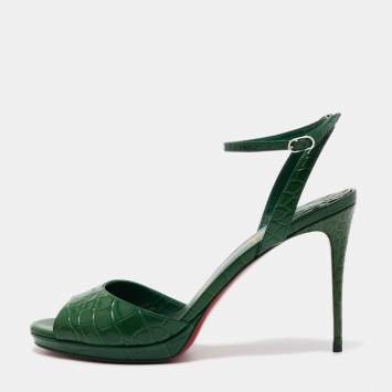 Pre Owned Christian Louboutin Green Croc Embossed Leather Loubiloo Ankle Strap Sandals Size 39  