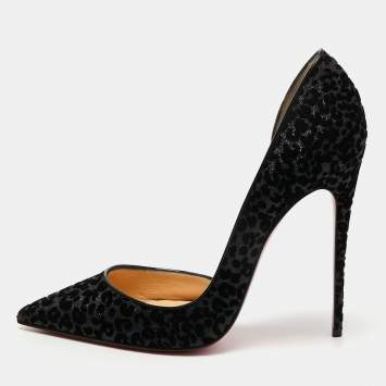 Pre Owned Christian Louboutin Black Leopard Print Glitter and Velvet Iriza Pumps Size 39