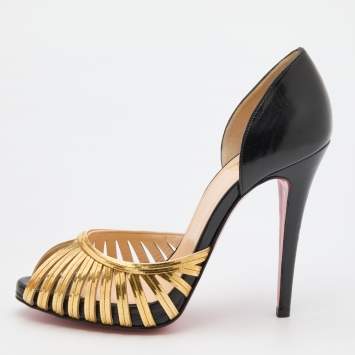 Pre Owned Christian Louboutin Black/Gold Leather and Metal Corpus Peep Toe Pumps Size 38.5