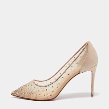 Pre Owned Christian Louboutin Beige Mesh and Fabric Follies Strass Pumps Size 40
