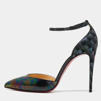 Pre Owned Christian Louboutin Black Iridescent Leather and Laminated Suede Uptown Pumps Size 38.5