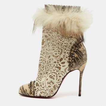 Pre Owned Christian Louboutin Beige/Cream Calf Hair And Fox Fur Ankle Boots Size 36