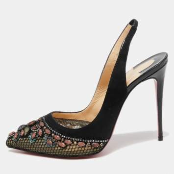 Pre Owned Christian Louboutin Black Suede and Mesh Crystal Embellished Slingback Pumps Size 38