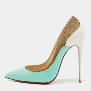 Pre Owned Christian Louboutin Tricolor Glitter, Patent and Leather Tucsick Pumps Size 38