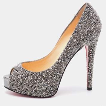 Pre Owned Christian Louboutin Grey Suede Crystal Embellished Very Riche Peep Toe Pumps Size 36