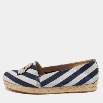 Pre Owned Christian Louboutin Navy Blue/White Striped Canvas Galia Espadrille Flats Size 37