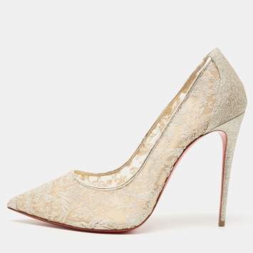 Pre Owned Christian Louboutin Metallic Glitter and Follies Lace Pumps Size 40.5