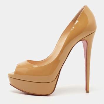 Pre Owned Christian Louboutin Beige Patent Leather Lady Peep Pumps Size 38.5