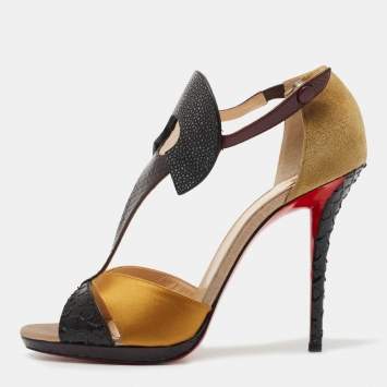 Pre Owned Christian Louboutin Black/Yellow Python Embossed Leather, Suede and Satin Aztec Sandals Size 41