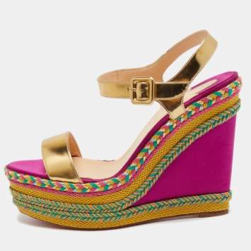 Pre Owned Christian Louboutin Multicolor Leather Espadrille Wedge Ankle Strap Sandals Size 41