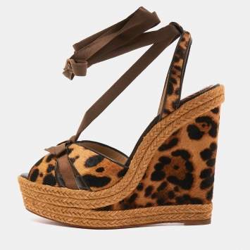 Pre Owned Christian Louboutin Brown/Black Leopard Print Calf Hair and Fabric Isabelle Wedge Sandals Size 41