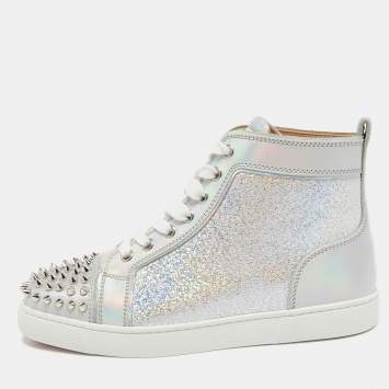 Pre Owned Christian Louboutin Silver Leather Lou Spikes High Top Sneakers Size 37