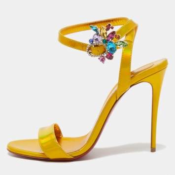 Pre Owned Christian Louboutin Yellow Iridescent Leather Goldie Joli Sandals Size 37.5