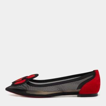 Pre Owned Christian Louboutin Black/Red Suede and Mesh Pansy Ballet Flats Size 38 