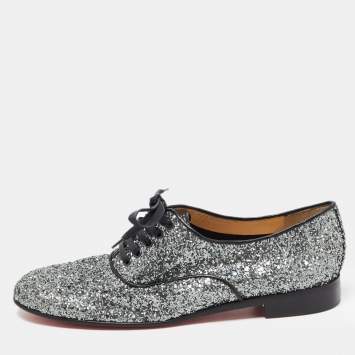 Pre Owned Christian Louboutin Metallic Grey Coarse Glitter Fred Oxfords Size 39.5 