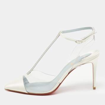 Pre Owned Christian Louboutin White Satin and PVC Nosy Strass T-Strap Pumps Size 37