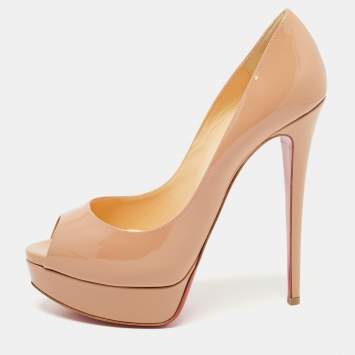 Pre Owned Christian Louboutin Beige Patent Leather Lady Peep Pumps Size 40.5